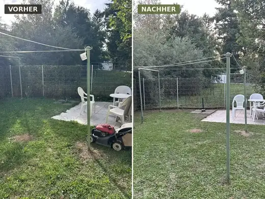 Garten im Vergleich: vorher hoher Bewuchs, nachher frisch gemähte Rasenfläche